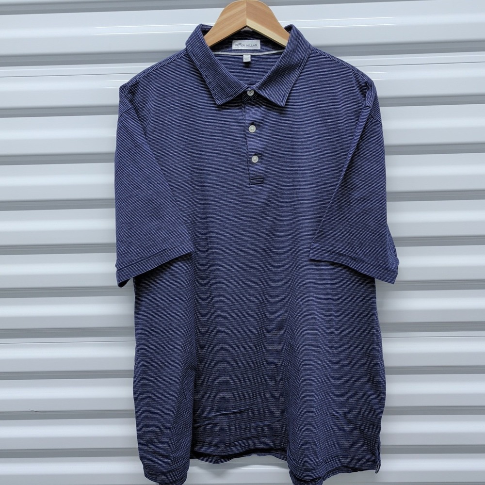 Peter Millar XXL Mens Polo Shirt Navy Blue Striped Pima Cotton Silk Blend Golf — photo 2
